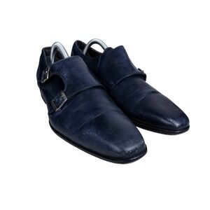 Thompson Double Monk Strap Shoes Mens 42 Navy Blue Leather Blake Italy 6713